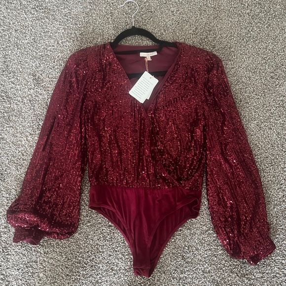 Skies Are Blue Tops - Burgundy sequin balloon sleeved bodysuit